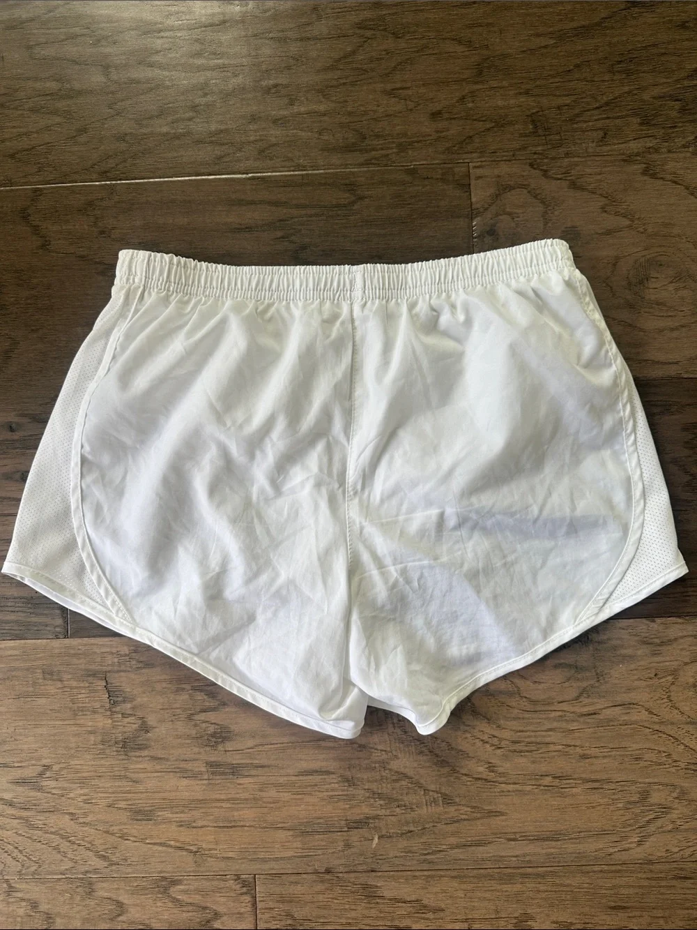Nike-Girls Large White Dri-Fit Running Shorts with Grey Swoosh